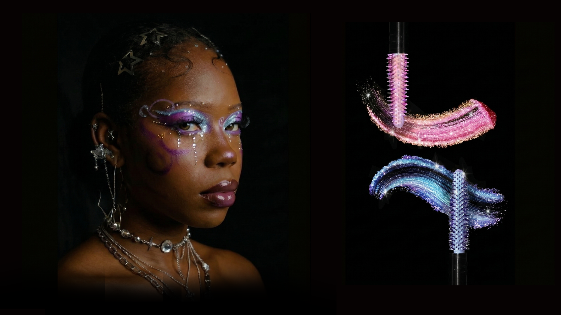 Woman with colorful makeup and accessories on a dark background with decorative elements.